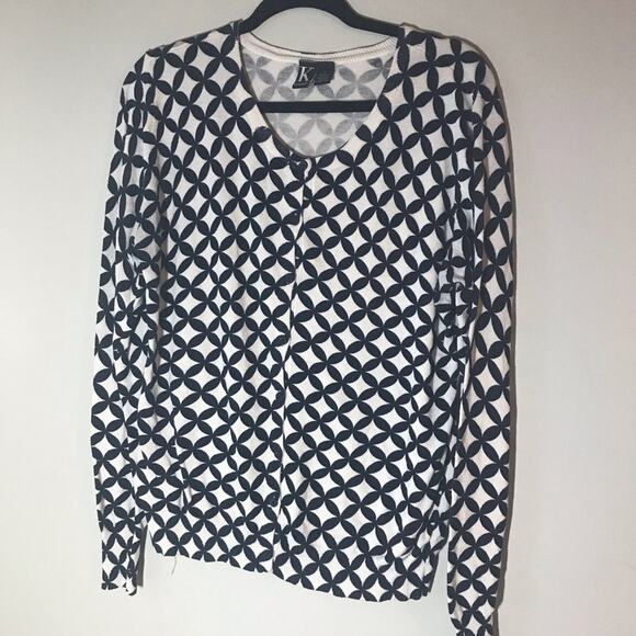 Kempson lg geometric scoop neck button up cardigan navy white rayon mix office - Picture 1 of 8
